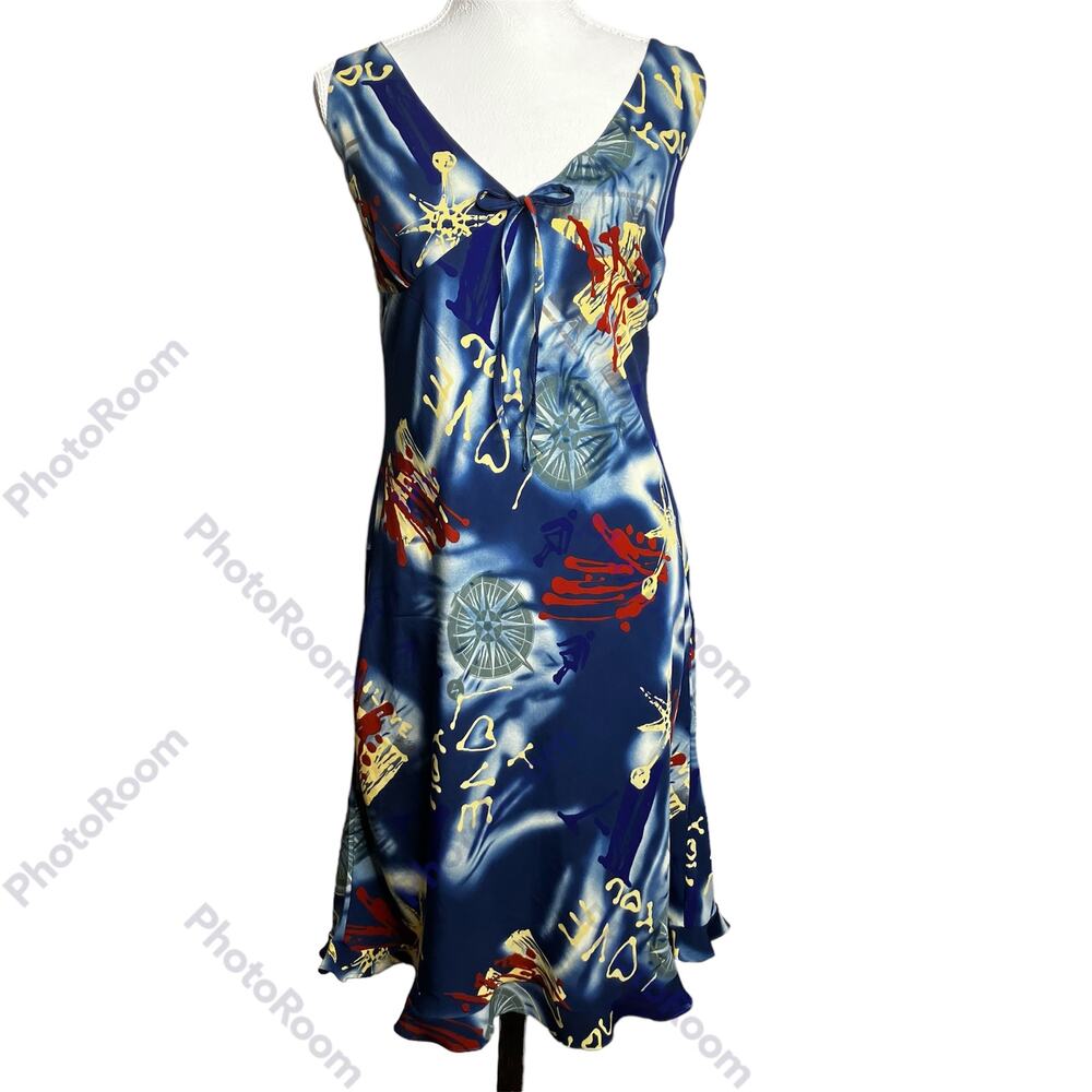 VTG Y2K Millennium Slip Dress SZ 14 Multicolor Abstract Print Love Compass Rose